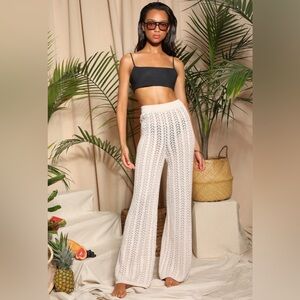 Lulus - Balmy Breeze Beige Crochet High-Waisted Pants